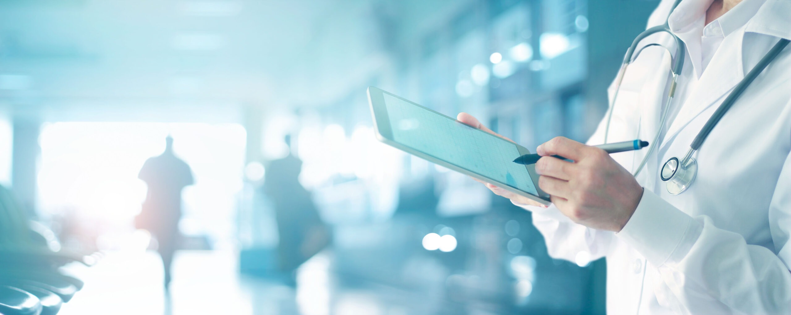 Medicine doctor and stethoscope touching medical information network connection interface on digital tablet in hospital background. Medical data and technology network concept